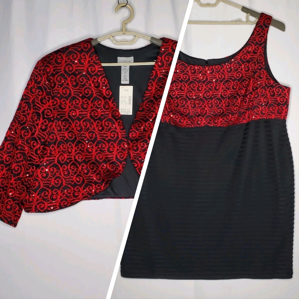 Catherines Sequin Dress Shrug Set 32W Black Red Sheath Sleeveless Embroidered